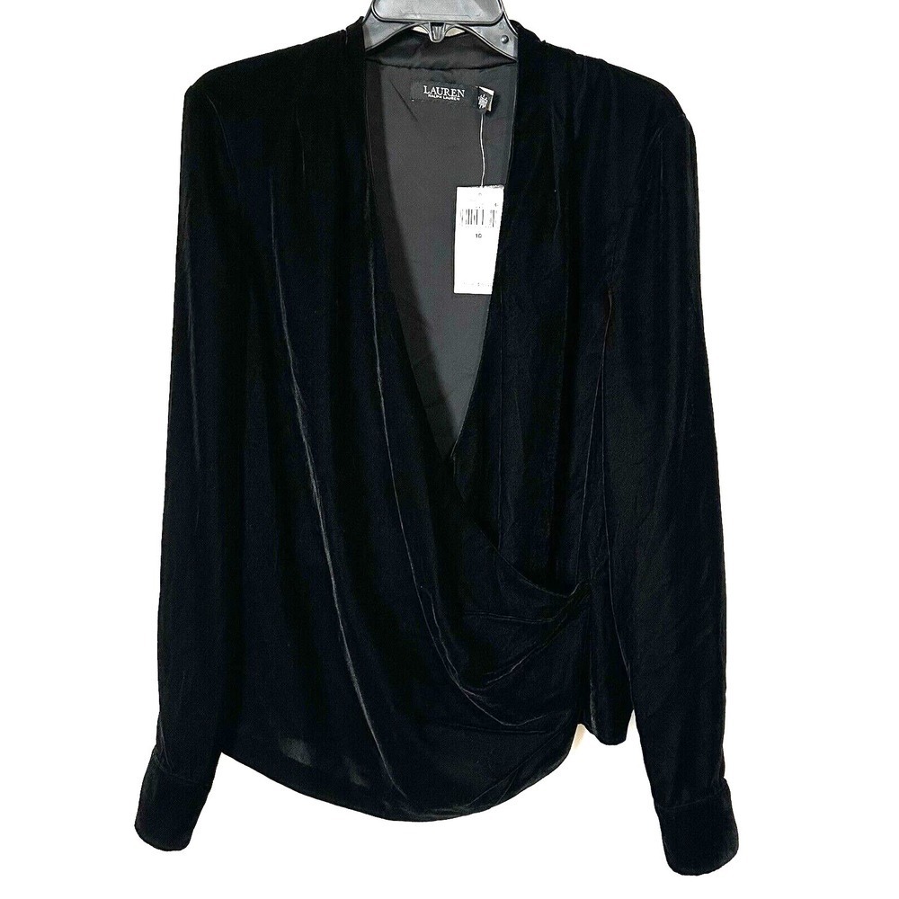 Lauren Ralph Lauren Shirt Blouse Women's Size 10 Velvet Black Pleated Surplice